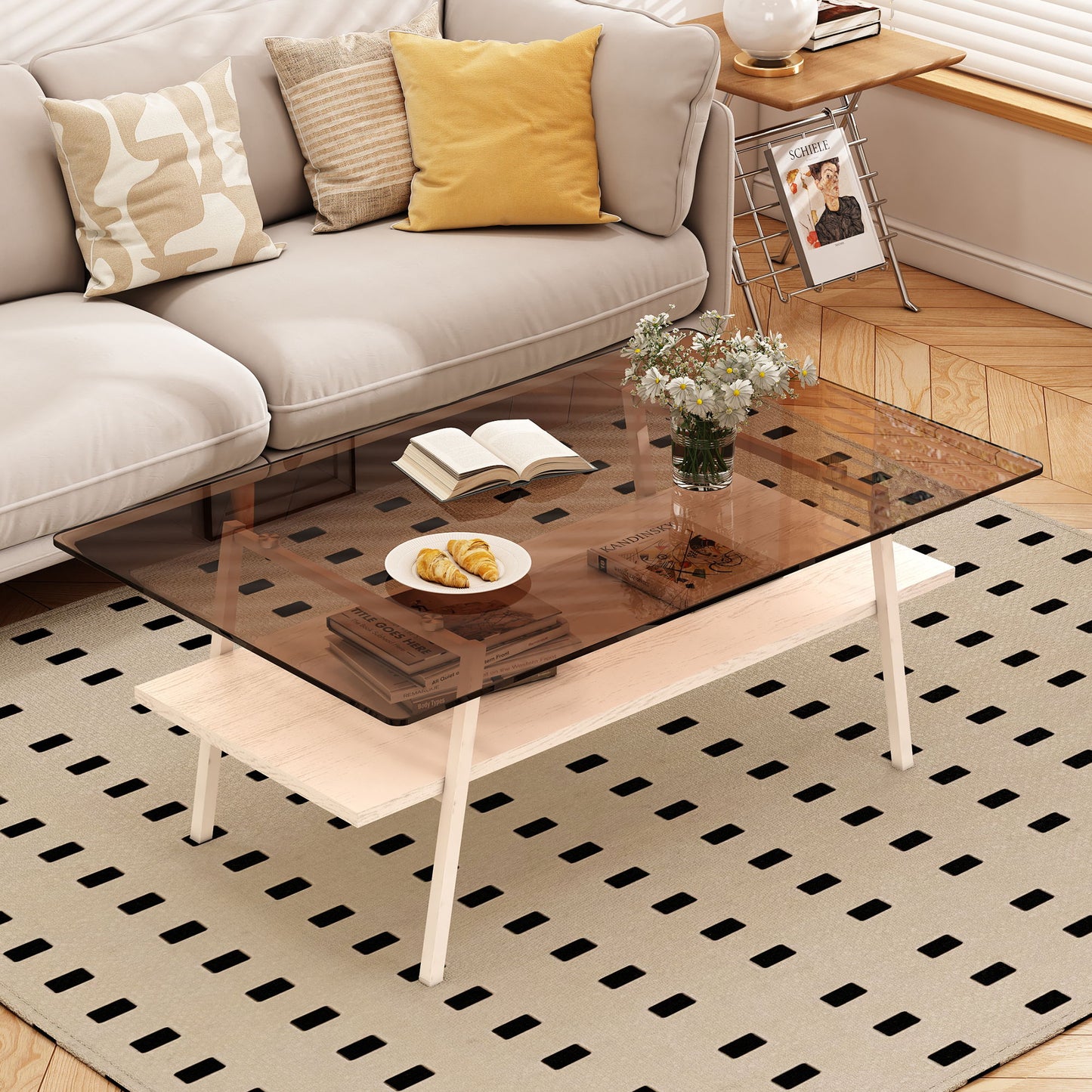 Rectangle Coffee Table, Tempered Glass Tabletop Modern Table For Living Room