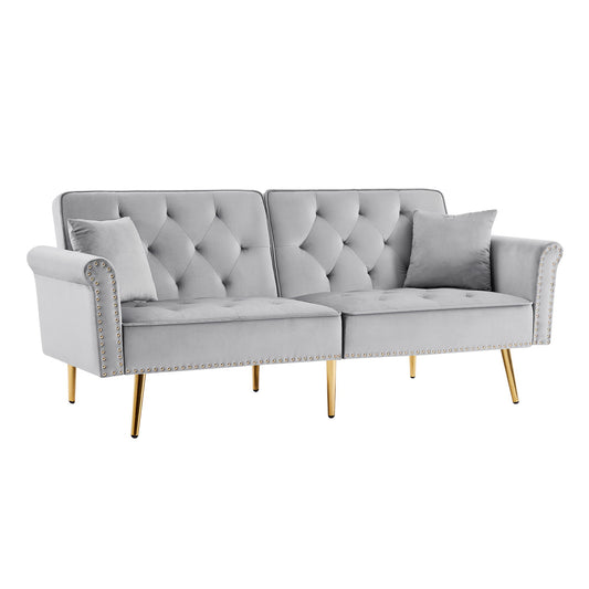 Velvet Tufted Sofa Couch With 2 Pillows And Nailhead Trim - Light Gray