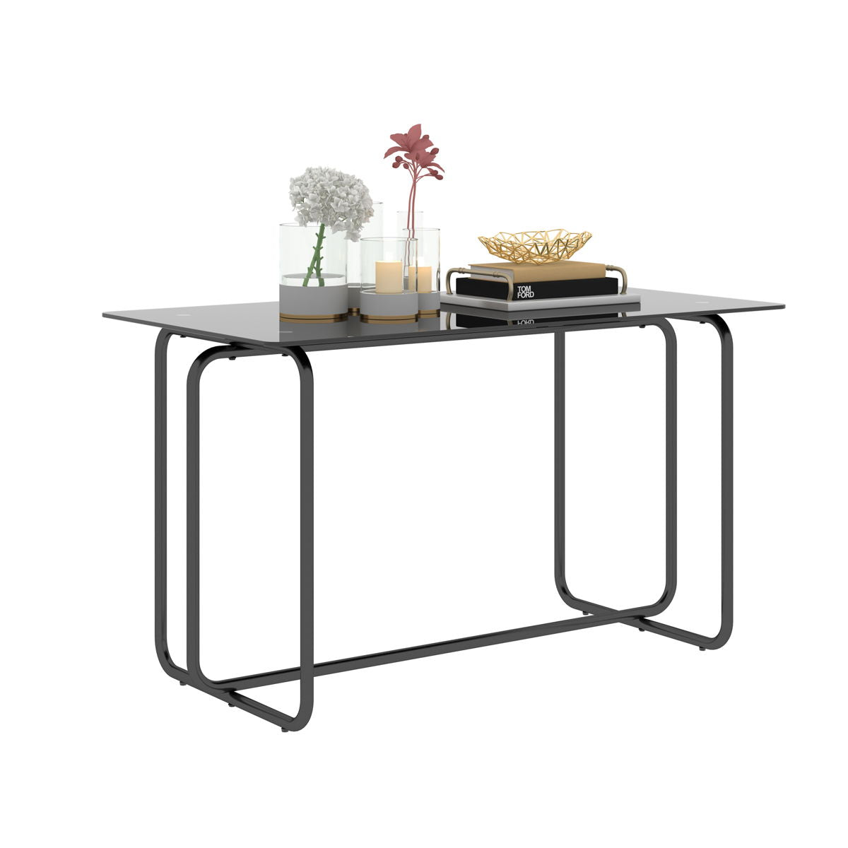 Rectangle Dining Table With Metal Frame, Tempered Glass Dining Table For Kitchen Room - Black