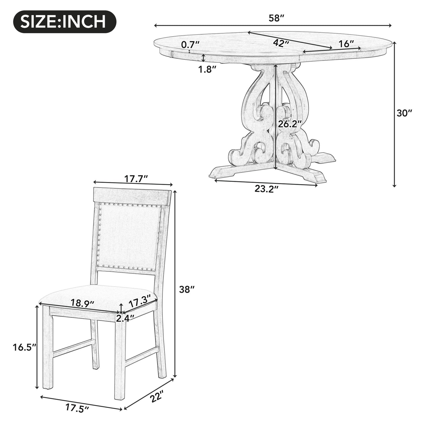 TREXM 5-Piece Retro Functional Dining Set, 1 Extendable Table with a 16-inch Leaf and 4 Upholstered Chairs for Dining Room and Kitchen (Antique White)