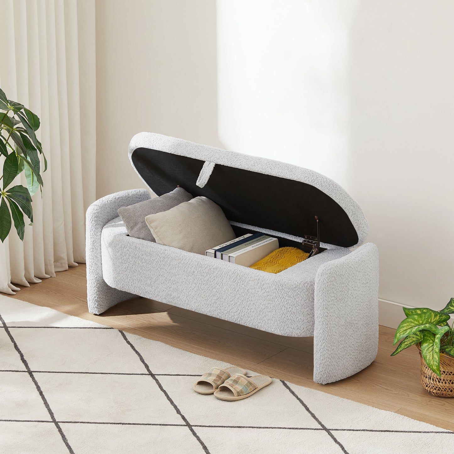 Ottoman Oval Storage Bench, 3D Lamb Fleece Bench With Large Storage Space For The Living Room, Entryway And Bedroom