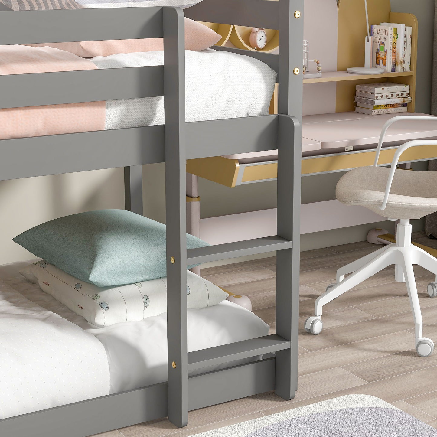 Twin Over Twin Loft Bed With Roof Design, Safety Guardrail, Ladder