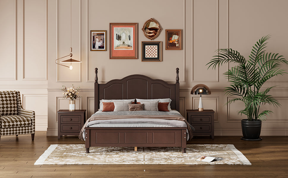 3-Pieces Bedroom Sets,Full Size Wood Platform Bed and Two Nightstands-Dark Walnut