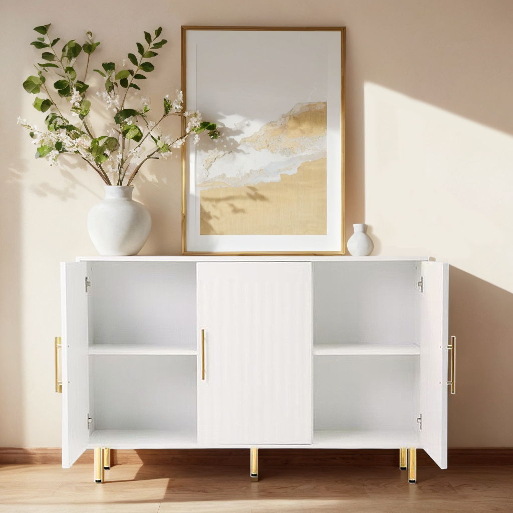 3 Door Large Storage Sideboard With Handles For Kitchen, Dining Room And Living Room, Accent Buffet Cabinet, Coffee Bar Sideboard Cabinet With 3 Doors - White / Gold