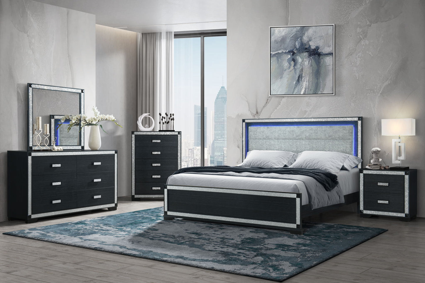 Soleil - King Bed Headboard With LED, Footboard And Slats - Charcoal / Dark Gray
