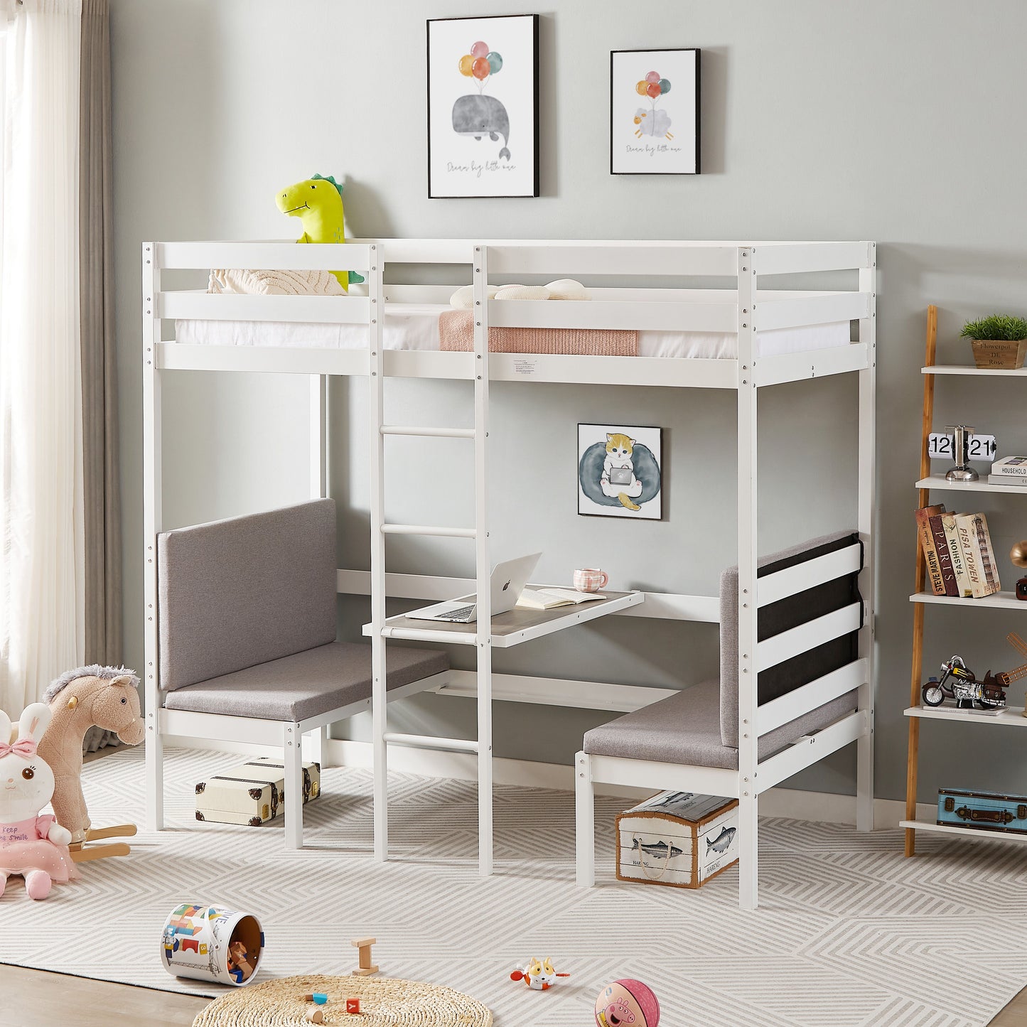 Twin Over Twin Bunk Beds Can Be Turn Into Upper Bed And Down Desk, Cushion Sets Are Free - White