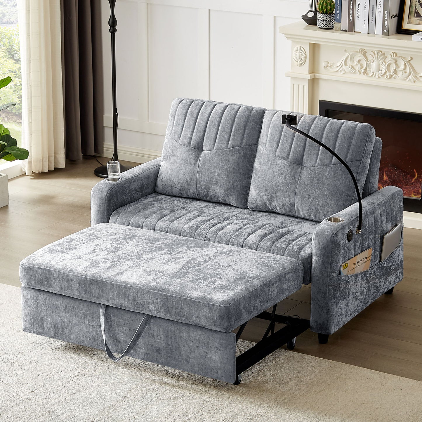 Modern Loveseat Pull Out Sofa Bed With Adjustable Backrest, Two Cup Holders, A Phone Holder, Three Charging Ports And Side Storage Pockets For Living Room