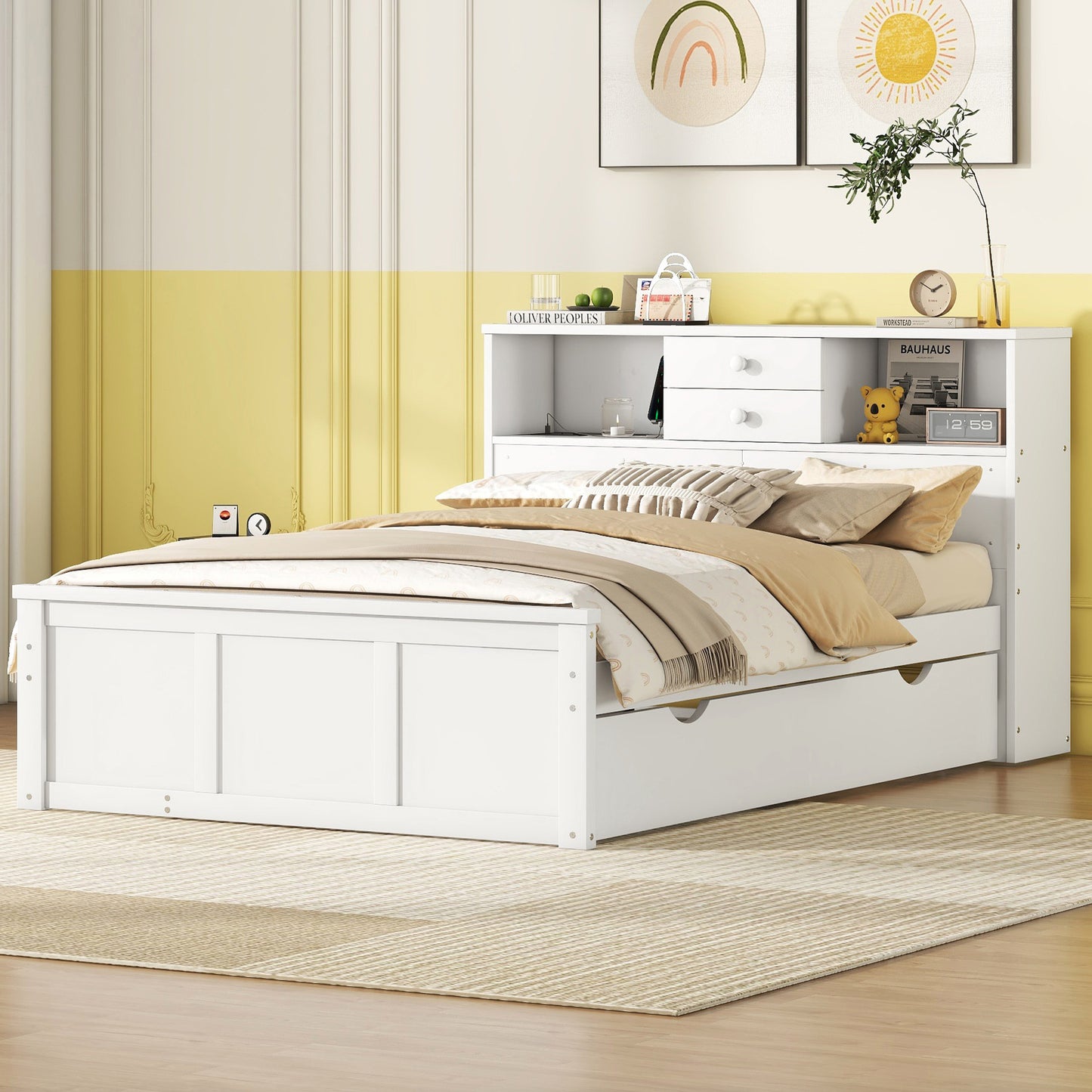 Full Size Wood Pltaform Bed with win Size Trundle, 3 Drawers, Upper Shelves and a set of USB Ports & Sockets, White