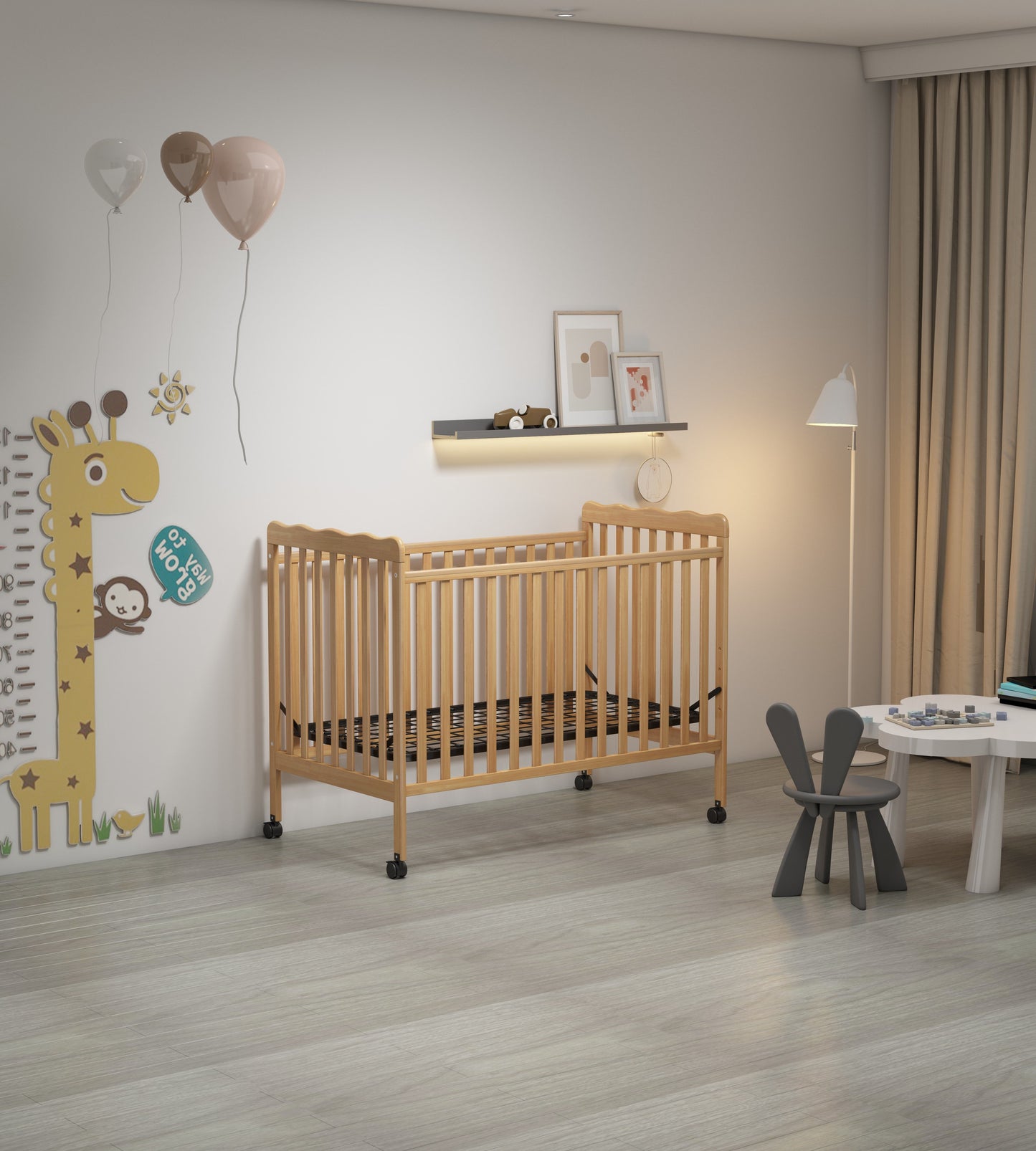 Crib 3 In 1 Convertible, Made Of Sustainable Pinewood, Non Toxic Finish, Comes With Locking Wheels, Wooden Nursery Furniture