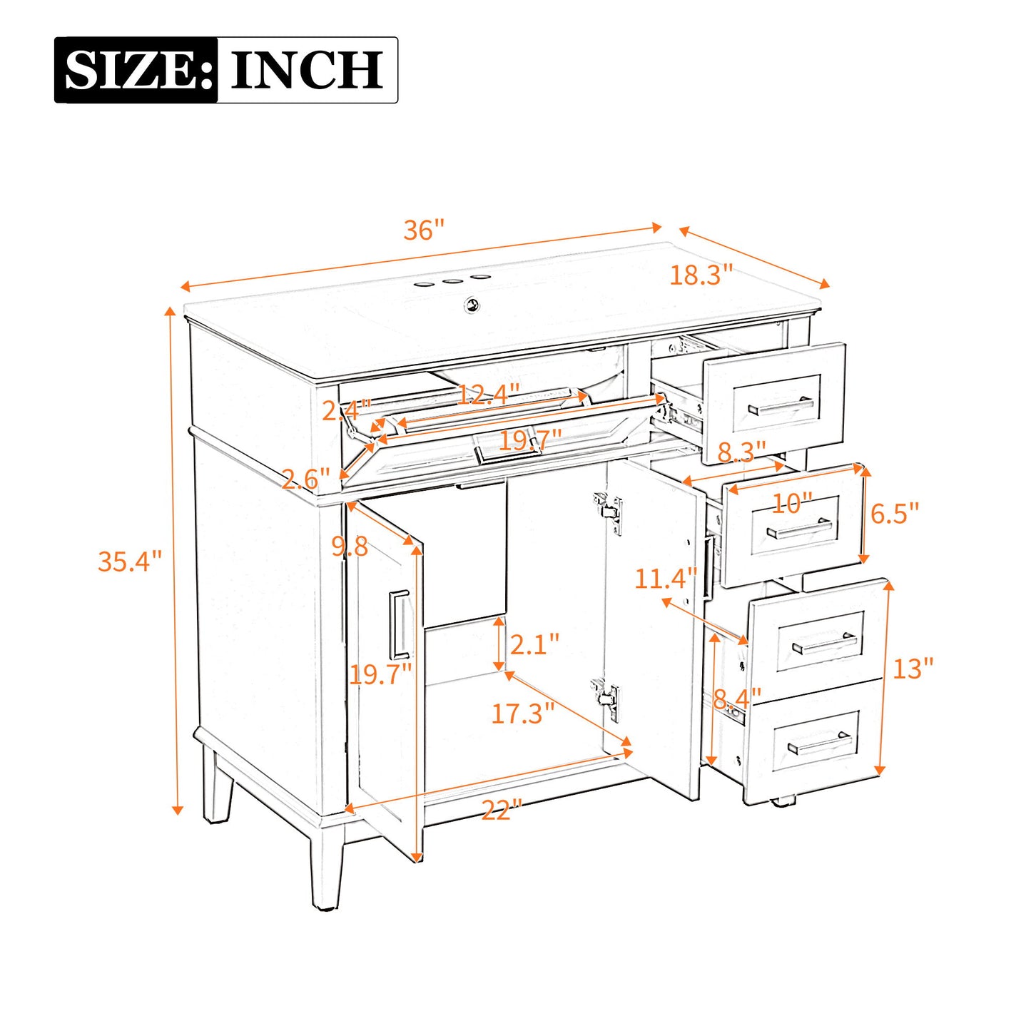 Bathroom Vanity With Ceramic Sink, Soft-Close Doors, 4 Storage Drawers - Blue