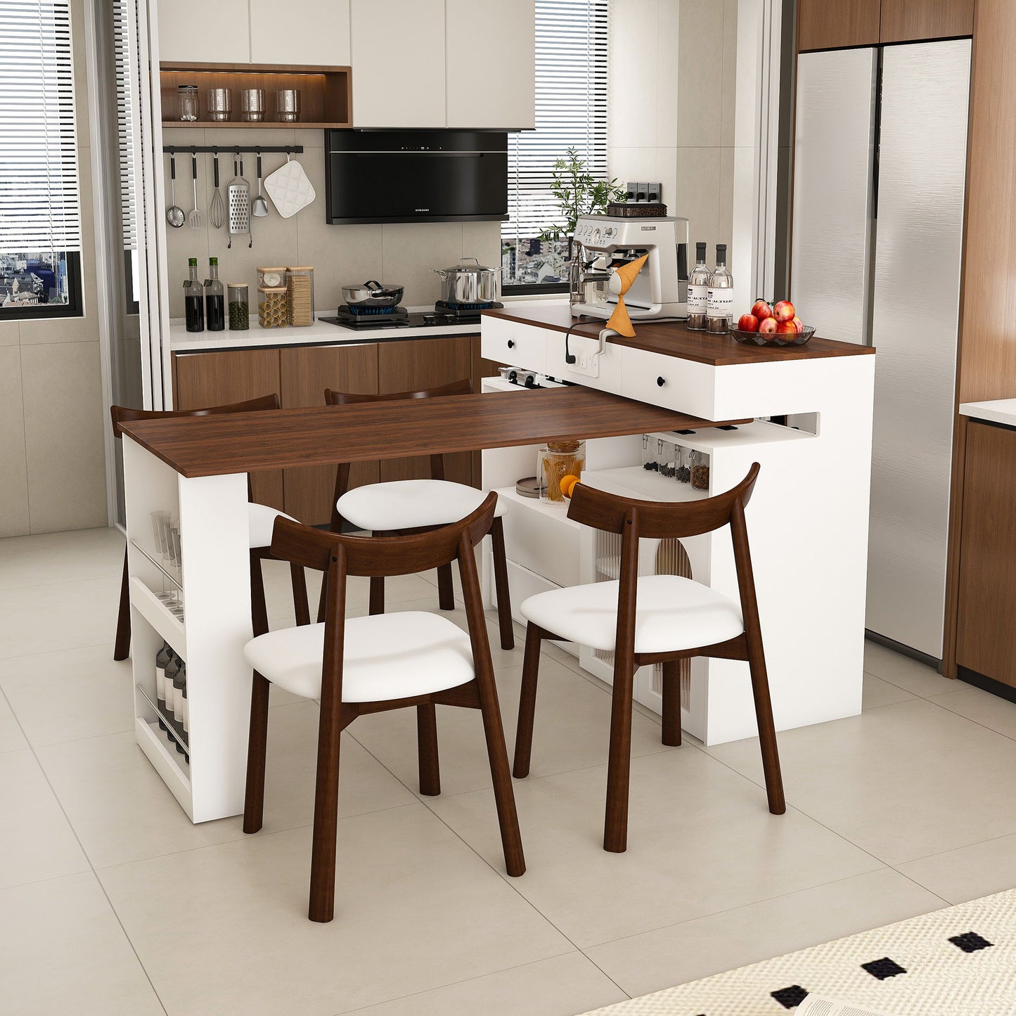 Retro Kitchen Island Set With Chairs, Extendable & Rotating Table, 4 Drawers & Door Cabinets