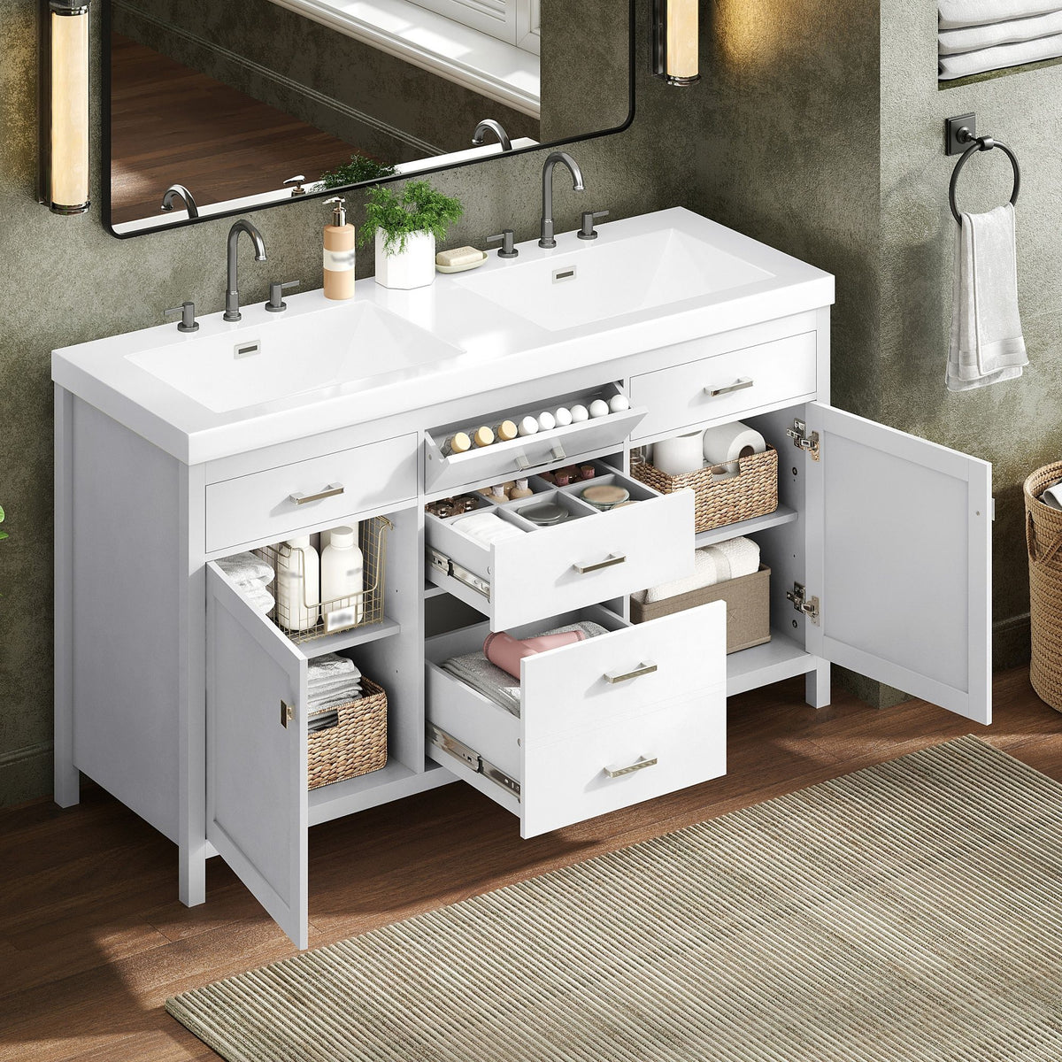 Double Sink Bathroom Vanity With Top, Soft Closing Doors & Drawers, Tip Out Drawer, 2 Cabinet Doors, Adjustable Shelf - White