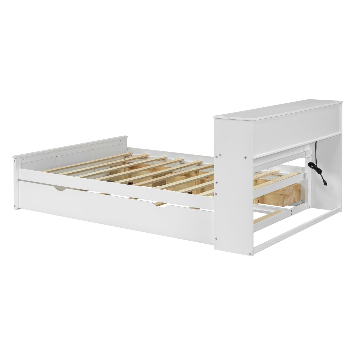 Full Size Wood Pltaform Bed with win Size Trundle, 3 Drawers, Upper Shelves and a set of USB Ports & Sockets, White