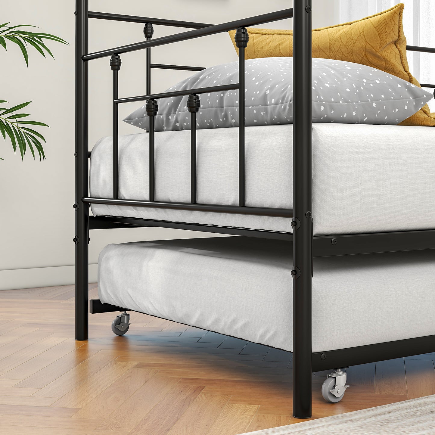 Twin Size Daybed Metal Frame with Trundle Set, Twin Day Bed Sofa, Daybed and Roll Sofa Bed for Guest Room, Bedroom, Living Room, Victorian Style, Black