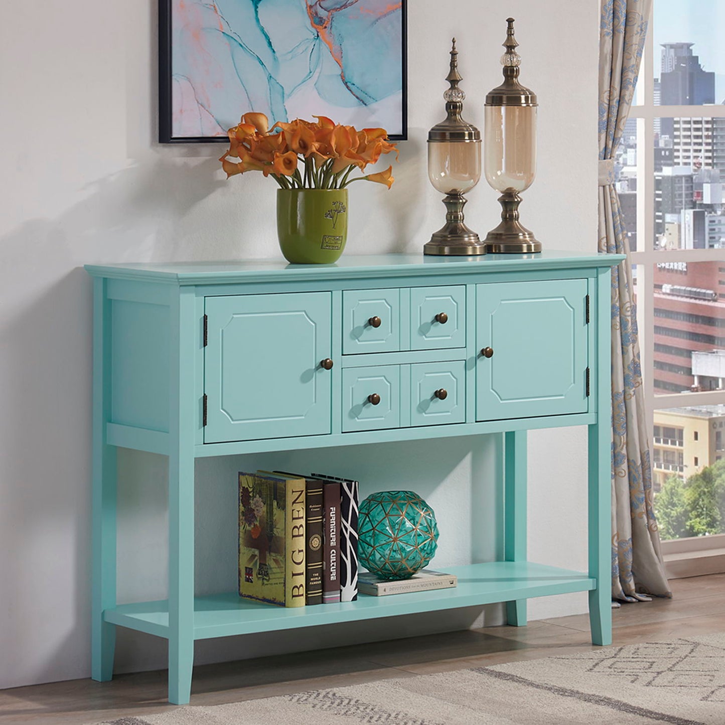 Sideboard Buffet Cabinet, Kitchen Buffet Storage Cabinet With Doors, Entryway Table Console Cabinet For Entryway Living Room - Aqua Green