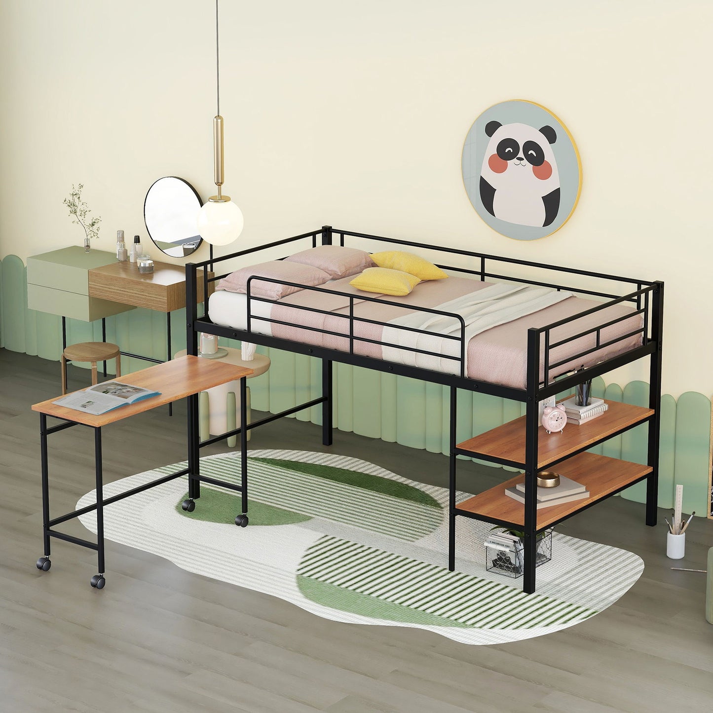 Twin Size Loft Bed With Desk And Shelves - Black
