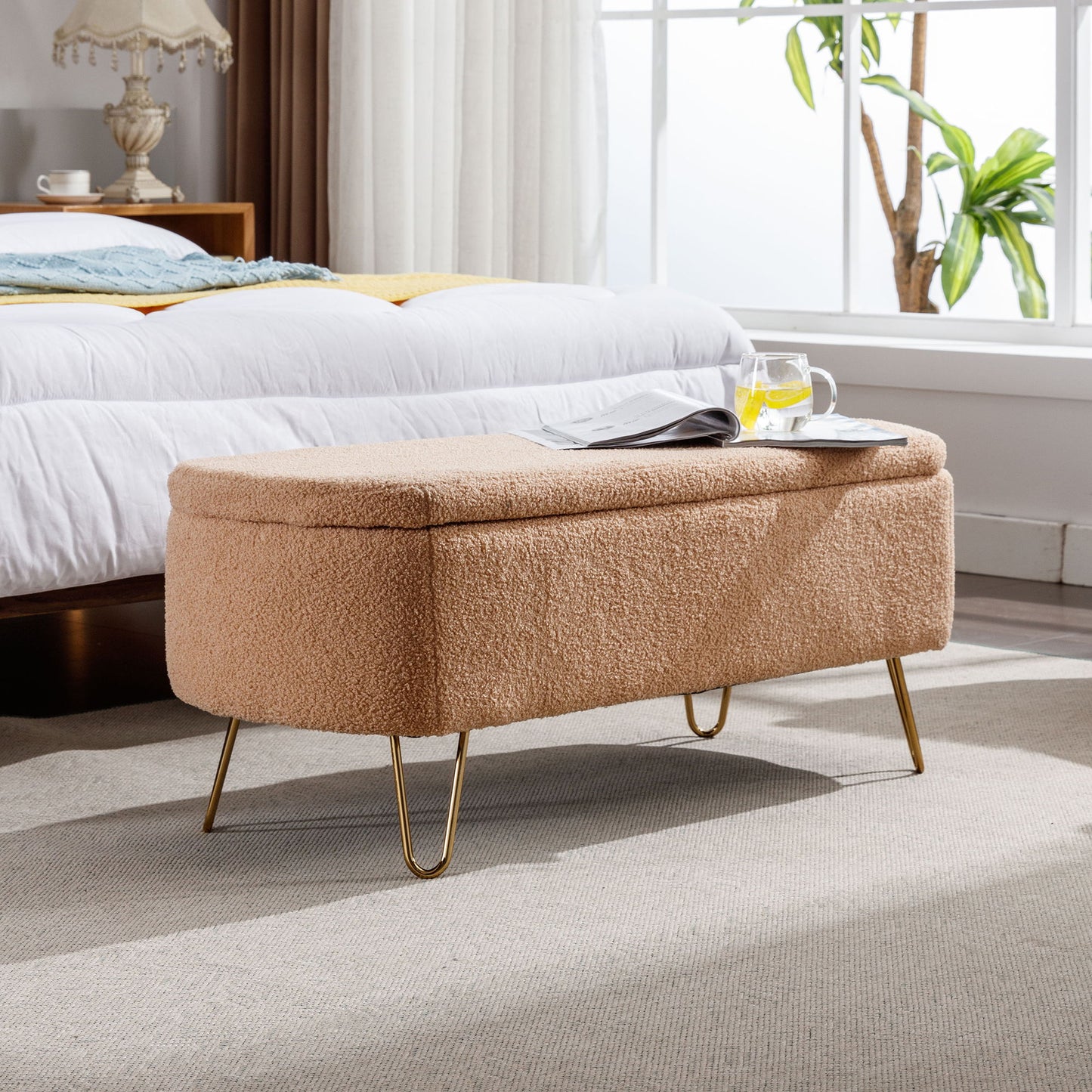 Storage Ottoman Bench For End Of Bed Gold Legs, Modern Camel Faux Fur Entryway Bench Upholstered Padded With Storage For Living Room Bedroom