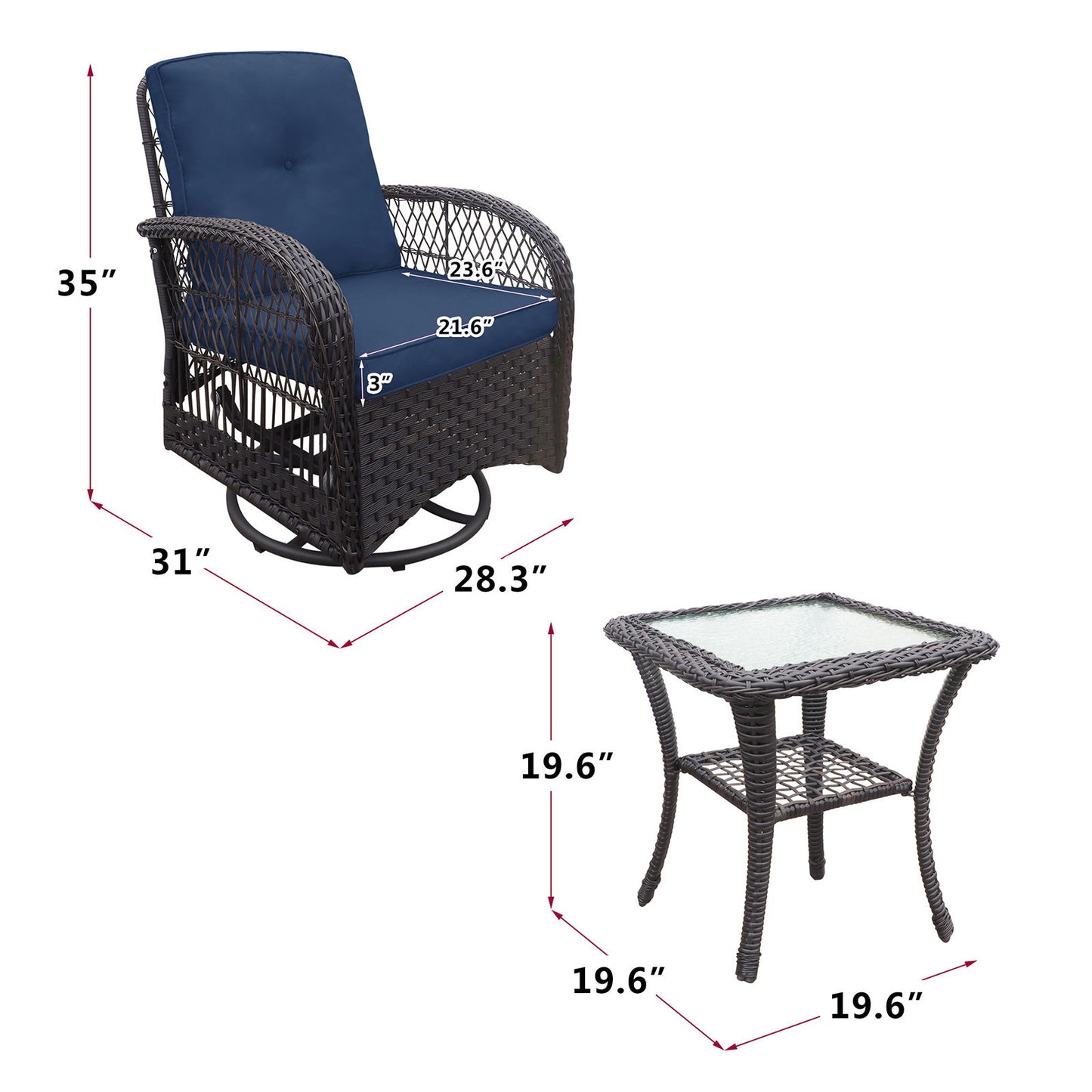 3 Pieces Conversation Set, Outdoor Wicker Rocker Swivel Patio Bistro Set, Rocking Chair With Glass Top Side Table