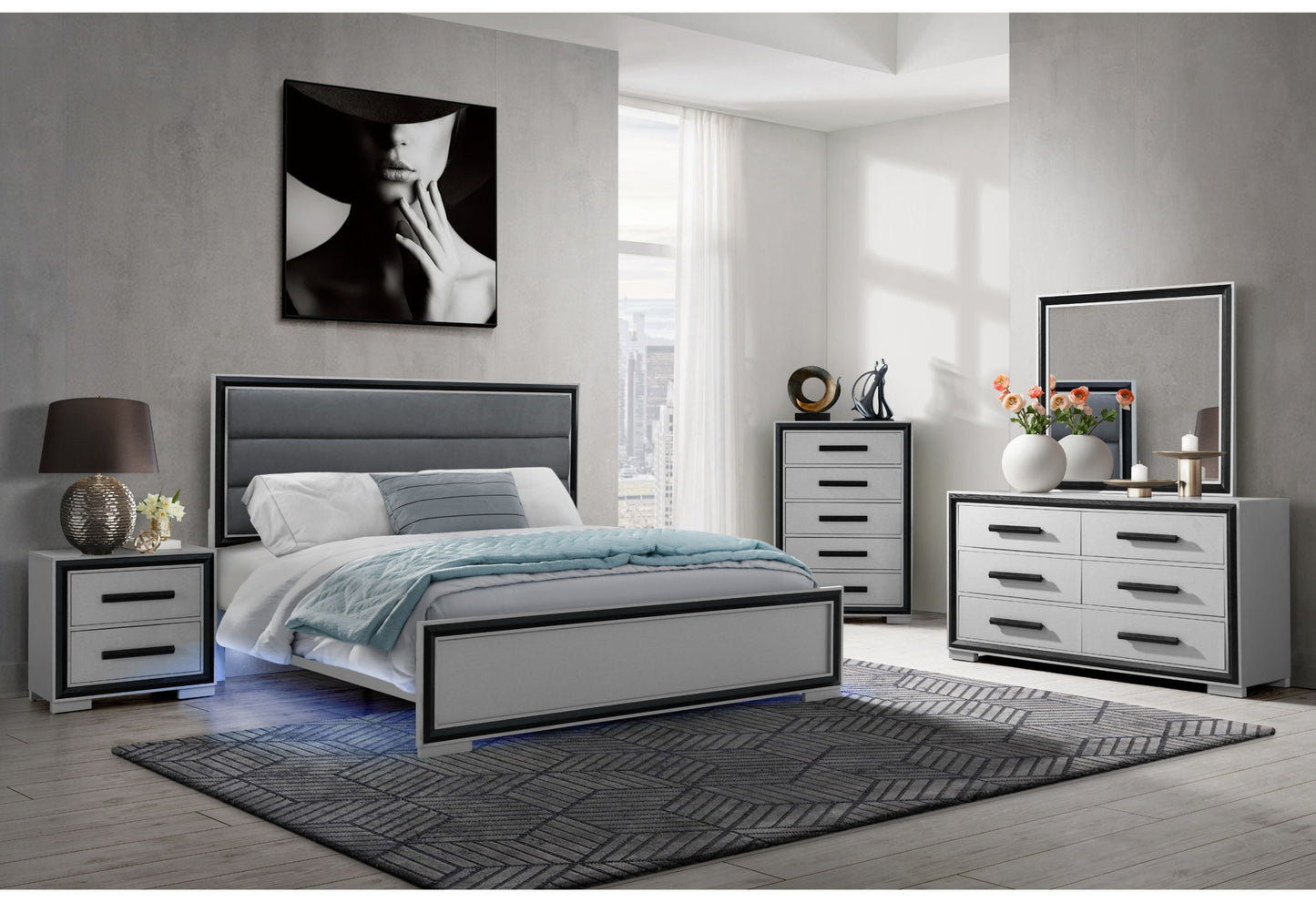 Amelia - 5 Piece King Bedroom Set (King Bed With LED, Cooler And Speaker) - Black / Gray