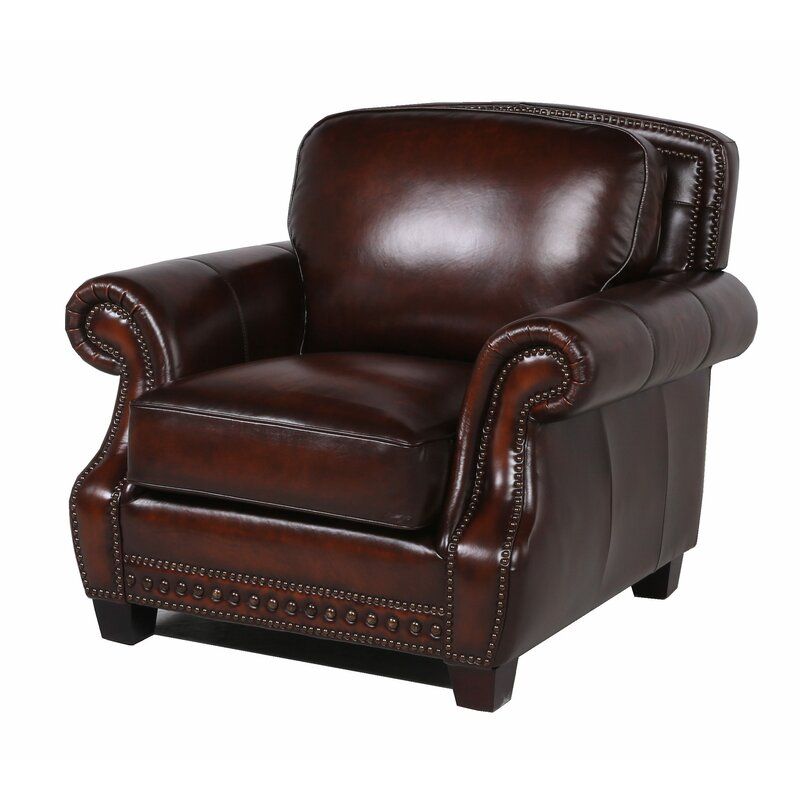 Traditional Roll Arm Nailhead Leather Chair - Brown