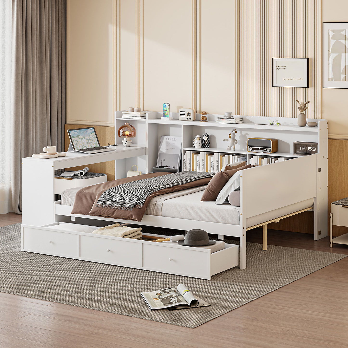 Wooden Daybed With 3 Drawers, USB Ports And Desk