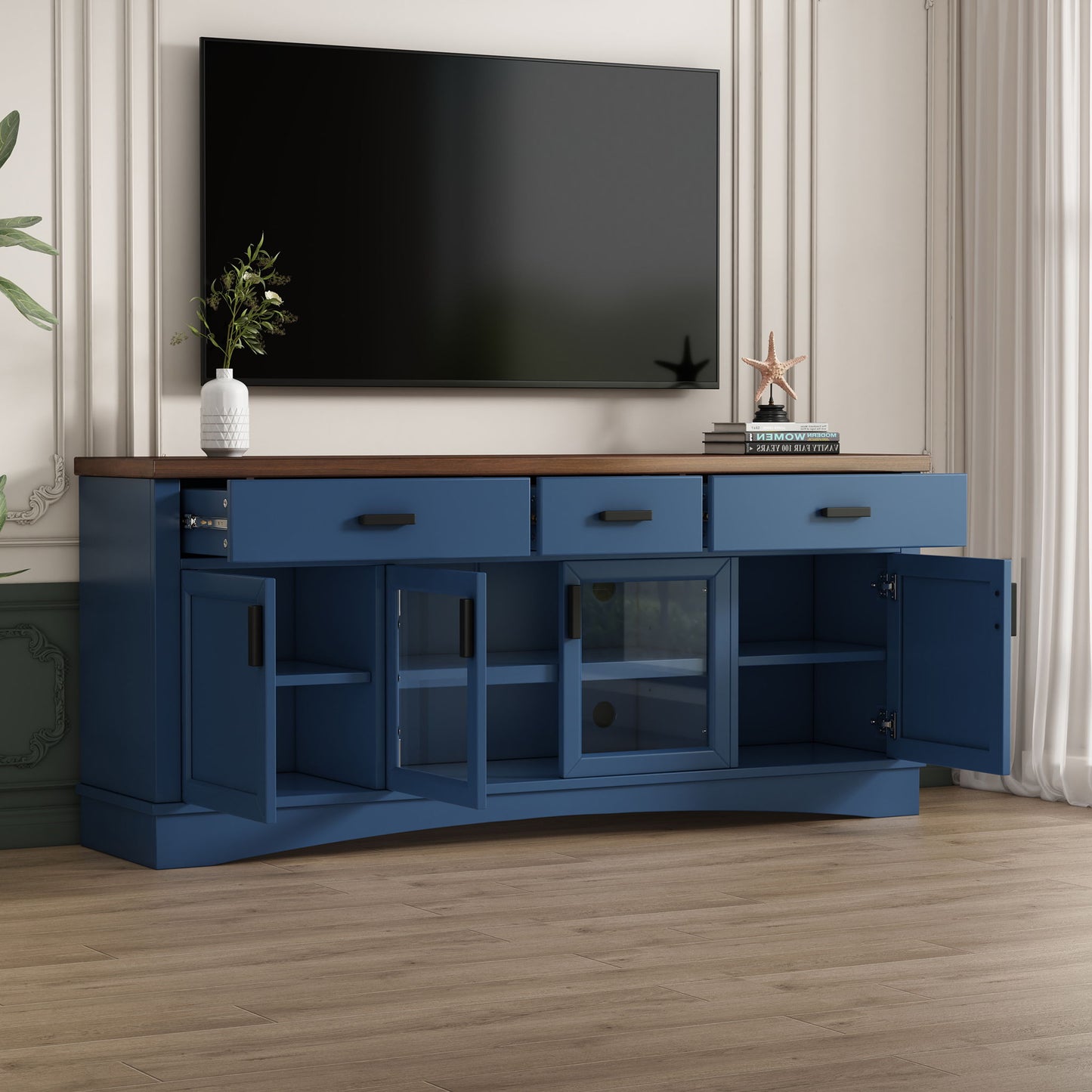 TV Console Stand, Glass Doors & Storage Drawers, Adjustable Shelves