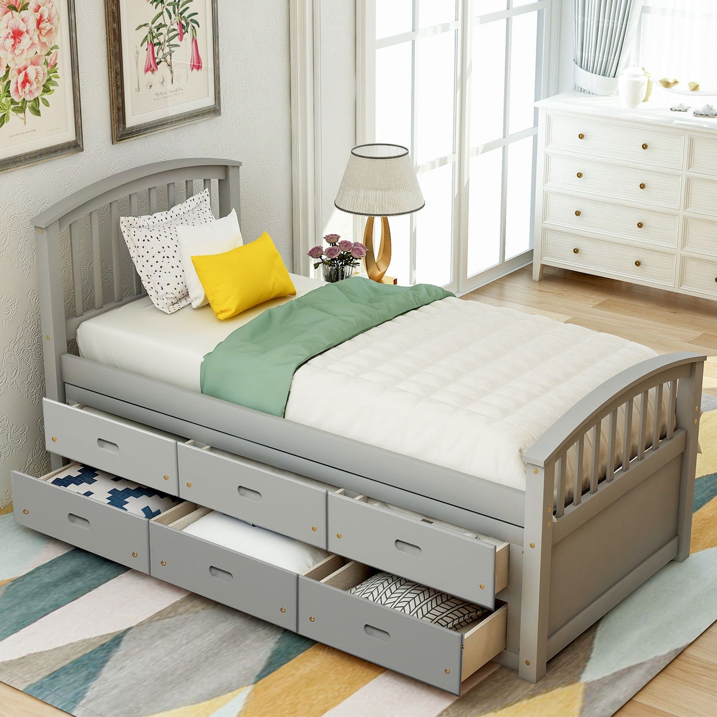 Platform Storage Bed Solid Wood Bed With 6 Drawers