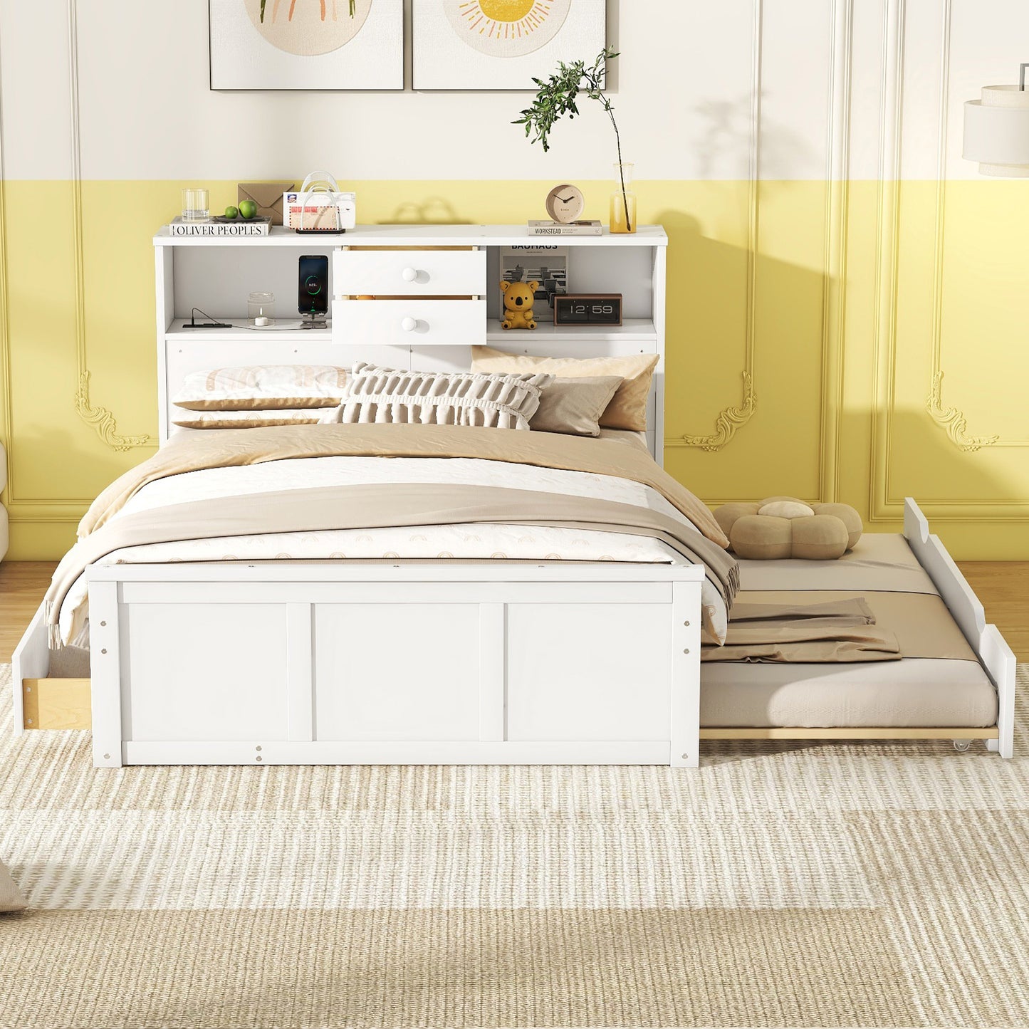 Full Size Wood Pltaform Bed with win Size Trundle, 3 Drawers, Upper Shelves and a set of USB Ports & Sockets, White