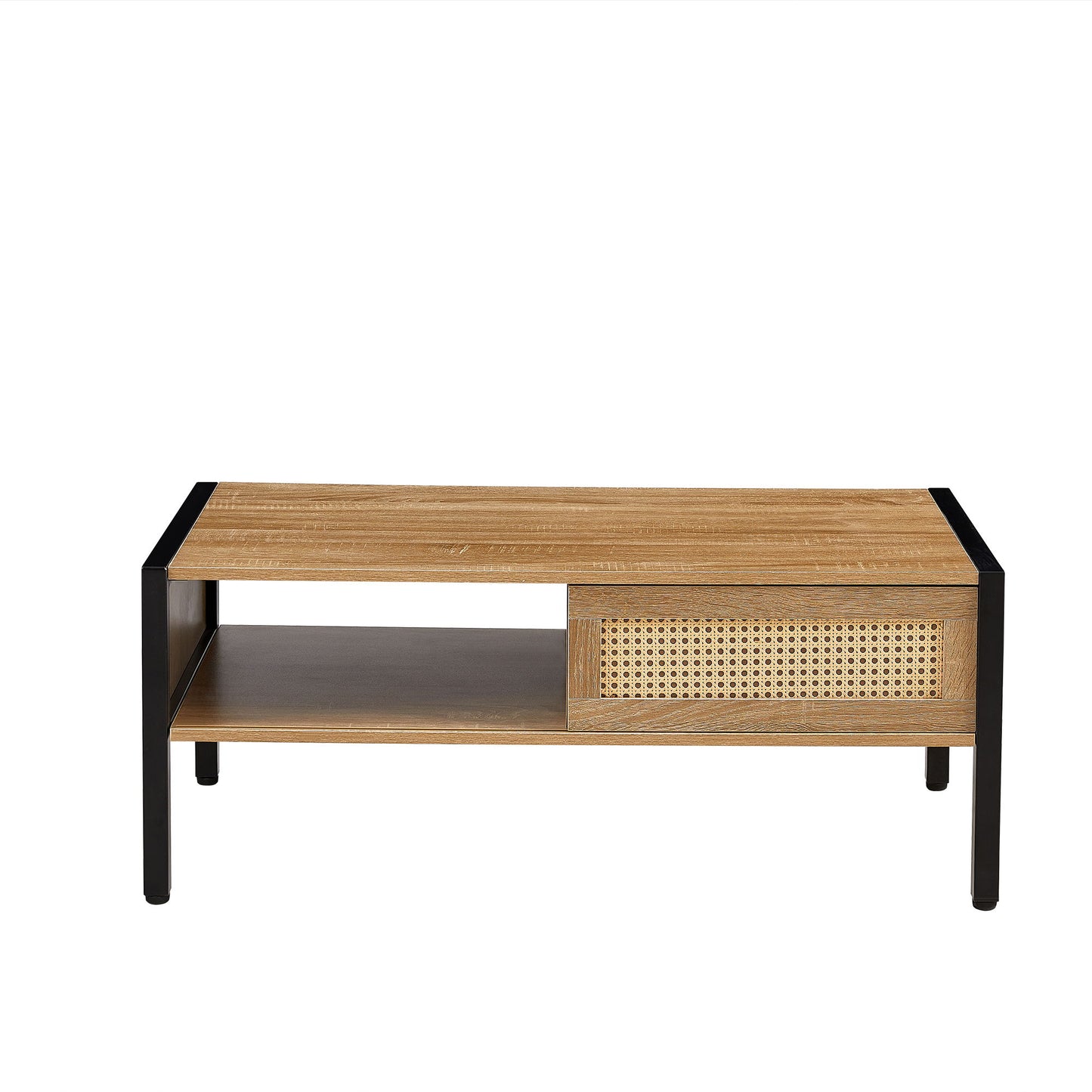 40.16" Rattan Coffee Table, Sliding Door For Storage, Metal Legs, Modern Table For Living Room