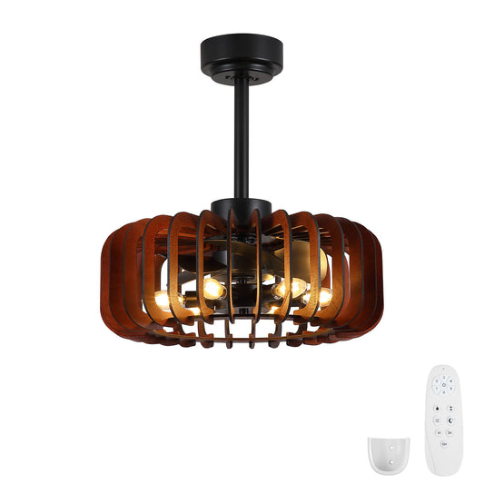 Ceiling Fan, Fandelier With 6 E12 Sockets, Reversible DC Motor, 6 Speeds, Remote Control, Adjustable Hanging - Black / Brown