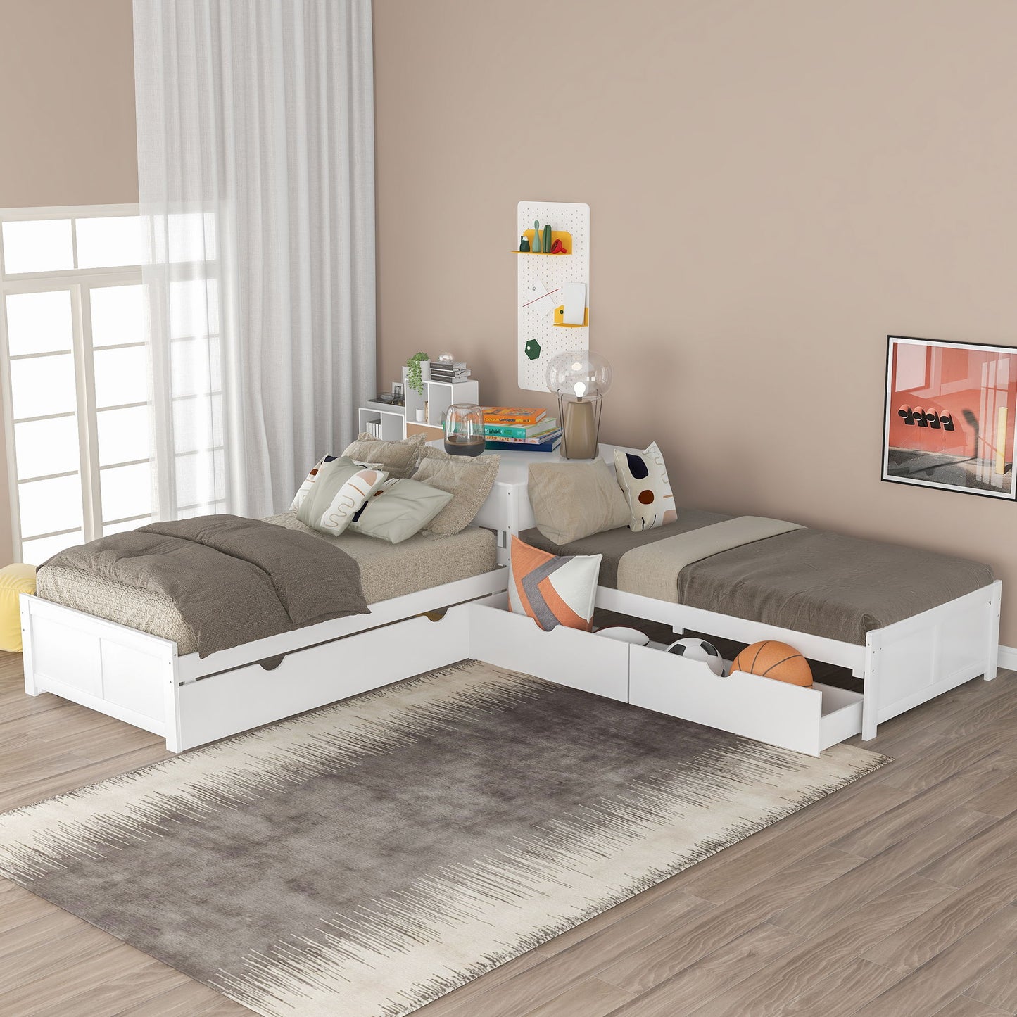 L Shaped Platform Bed With Trundle And Drawers Linked With Built In Desk