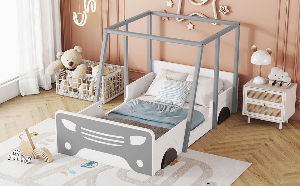 Twin Size Car-Shaped Bed With Roof, Wooden Twin Floor Bed With Wheels And Door Design, Montessori Inspired Bedroom