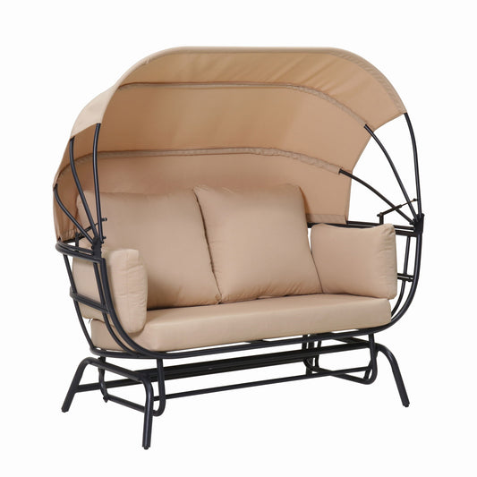2 Person Egg Shaped Outdoor Swing Chair With Adjustable Canopy - Acacia Wood / Black / Taupe