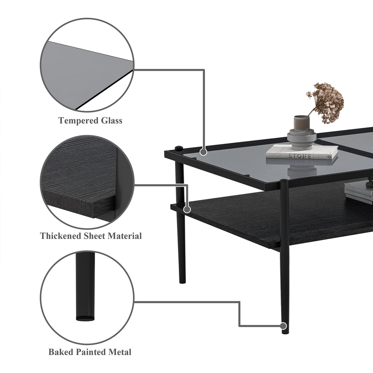 Rectangle Coffee Table With Tempered Glass Top And White Legs, Modern Table For Living Room