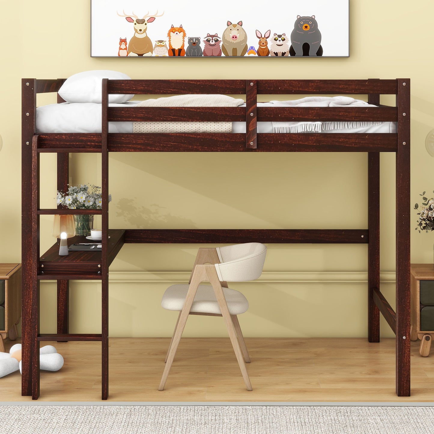 Loft Pine Wood Bed With Built-In Desk, Safety Guardrails, Ladder