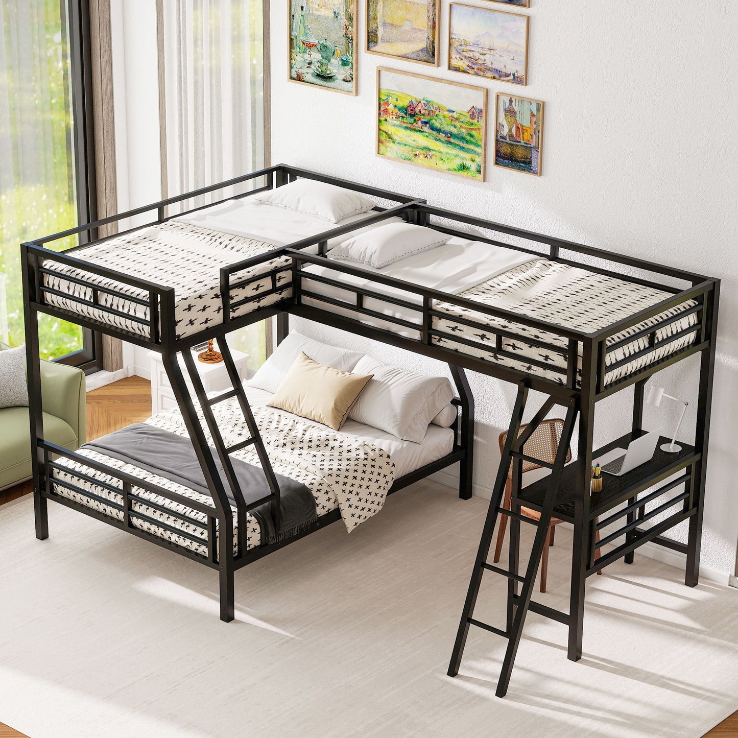 Twin Over Full Bunk Bed With Loft And Desk, L-Shaped Design For 3 Sleepers - Black