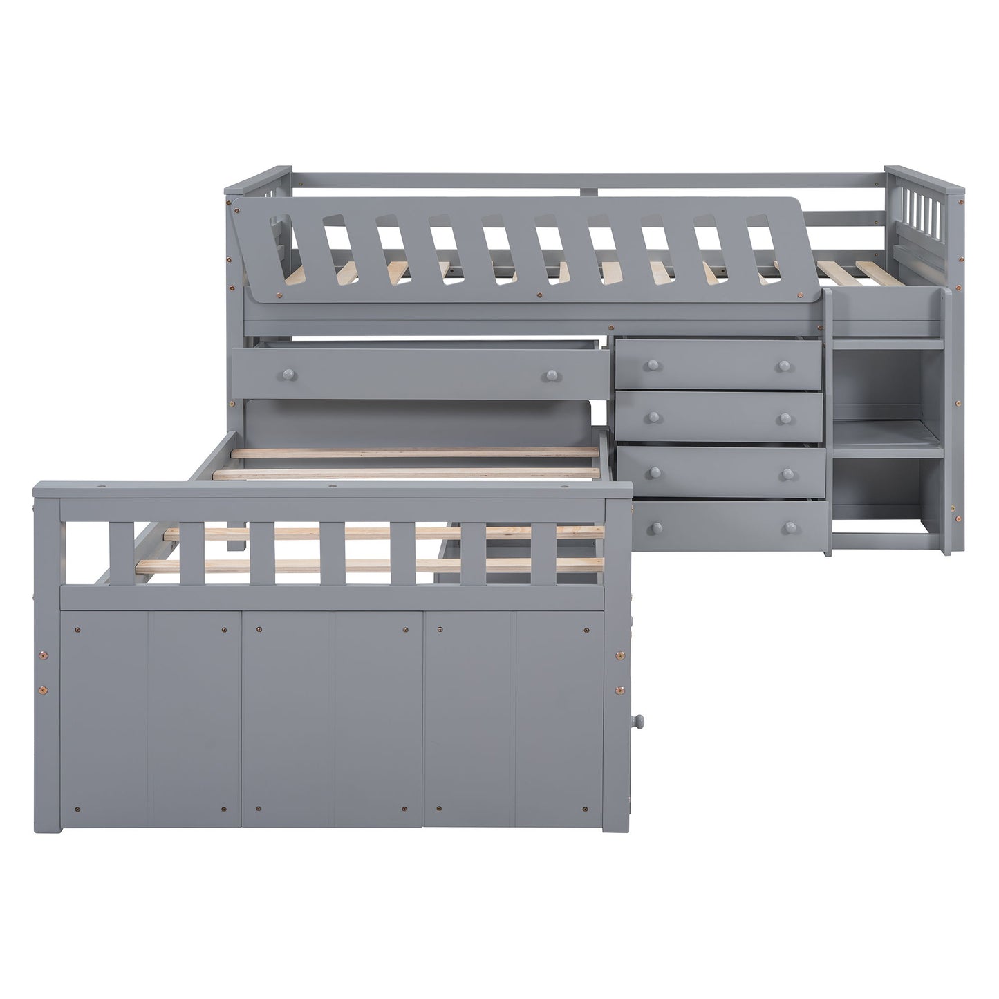 Loft Platform Bed With 7 Drawers And Full Guardrails, Modern L Shaped Space Savin