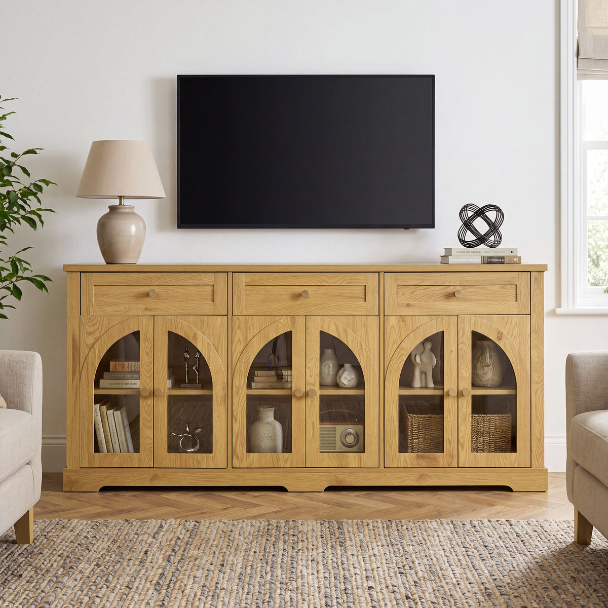 Sideboard Cabinet With 3 Drawers And 6 Arched Glass Doors