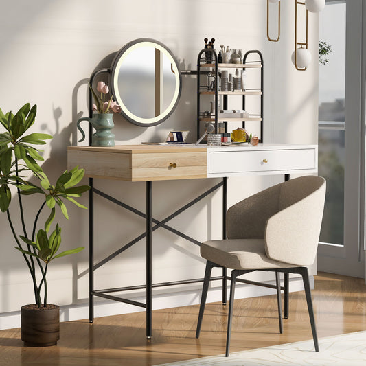 Makeup Vanity Desk With 3-Mode Lighted Mirror & Wireless Charging Station, Vanity Table With Drawer & 3 Open Shelves For Ample Storage Space, Dressing Table For Bedroom - White