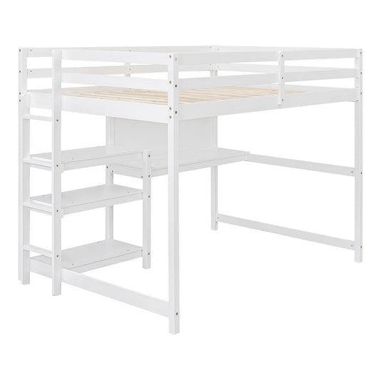 Full Size Loft Bed With Shelves, Desk And Writing Board - White