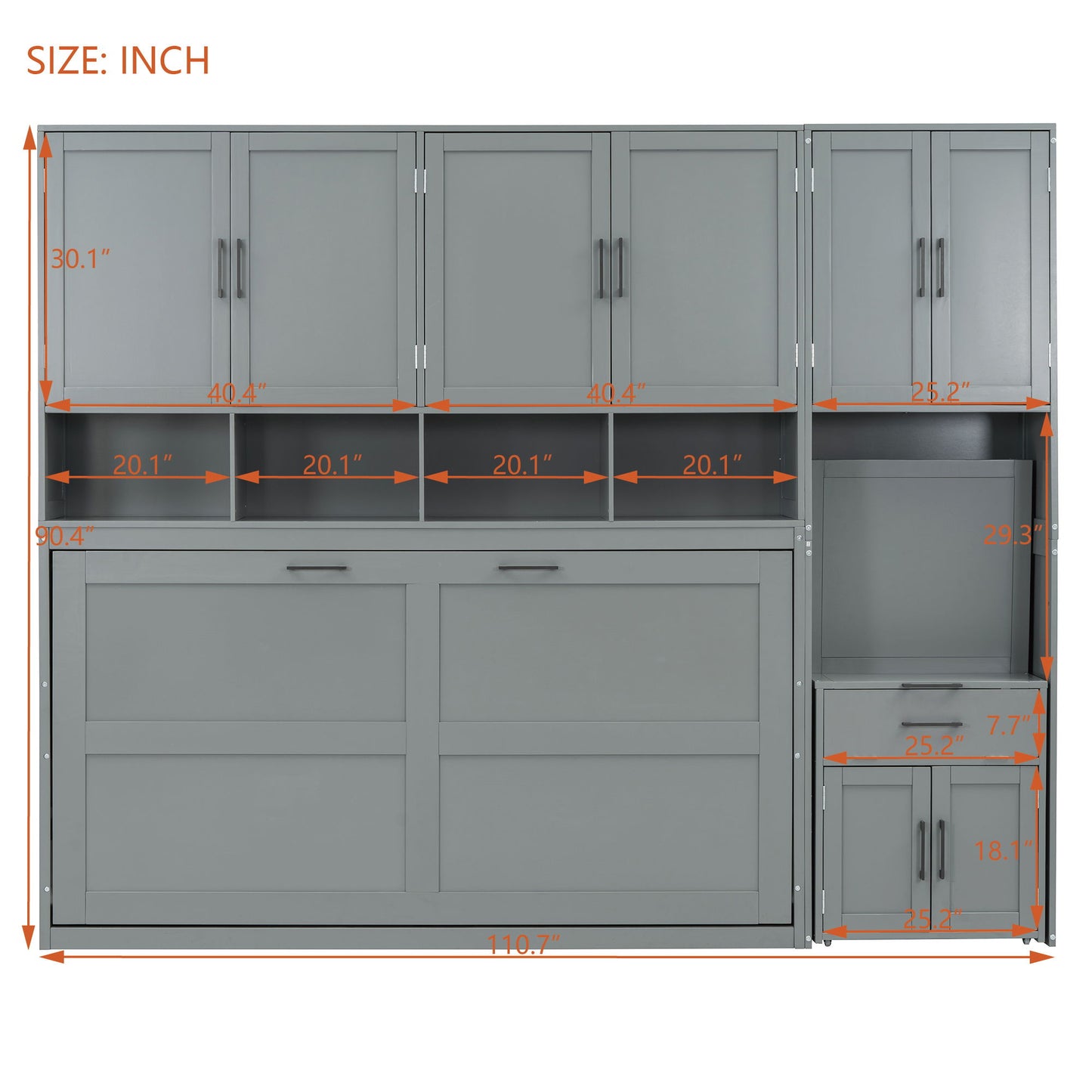 Twin Size Murphy Wall Bed With Closet, Drawers & Desk - Gray