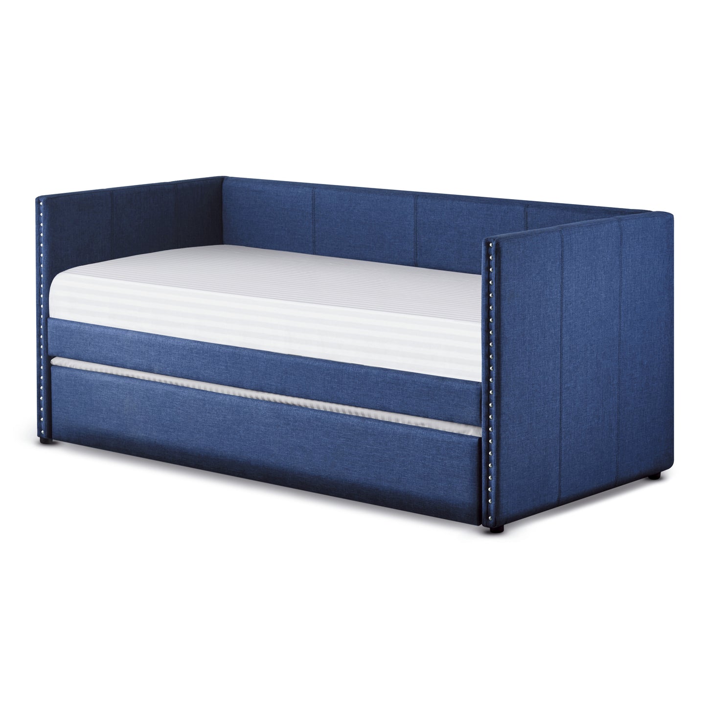 Blue Fabric Upholstered 1pc Day Bed with Pull-out Trundle Nailhead Trim Wood Frame Furniture