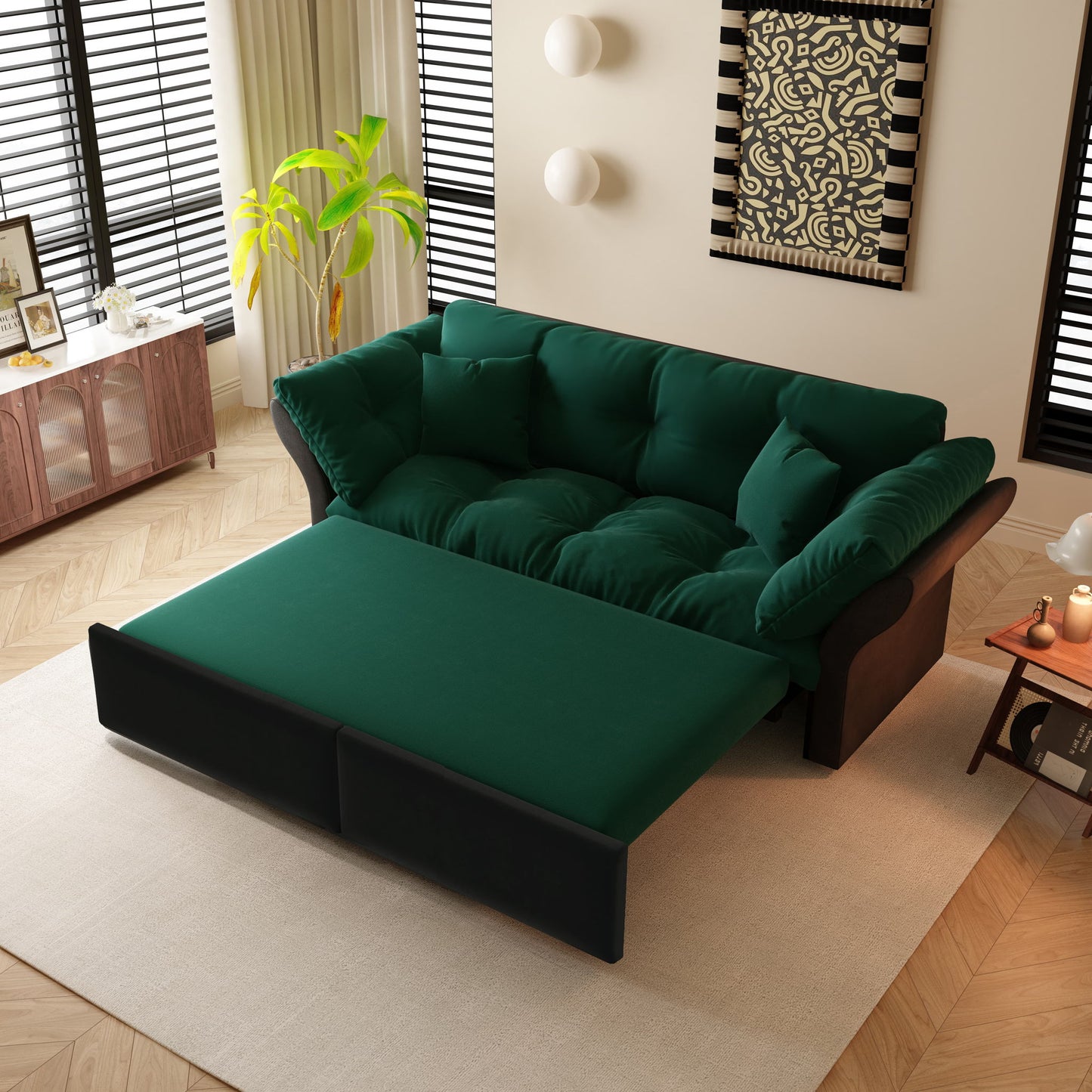 Queen Pull Out Sofa Bed, 3 In 1 Convertible Sleeper Sofa With 2 Soft Pillows - Green