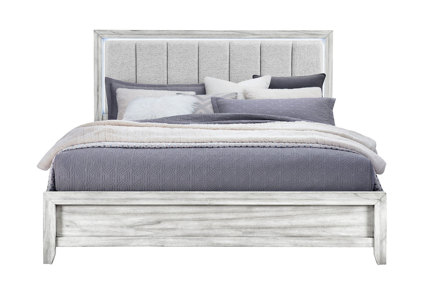 Elsie - King Bed Headboard With LED, Footboard And Slats - Light Gray