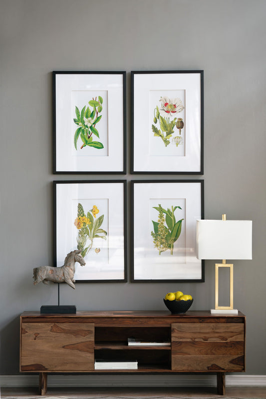 Botanical Flower Wall Art, Home Decor For Living Room Dining Room, Bedroom, Hallway (Set of 4) - White / Blue