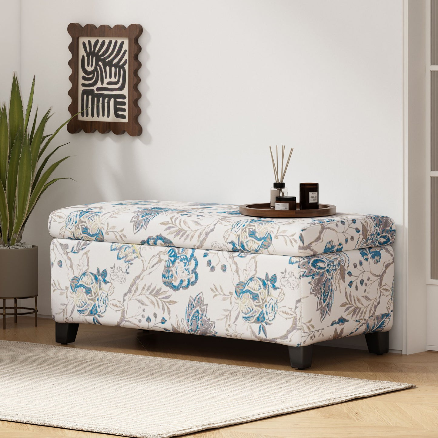 Luxury Storage Ottoman With Floral Patterned Fabric, Soft Close Hinges, Functional Footrest & Seat - Blue Flower / Blue Multi