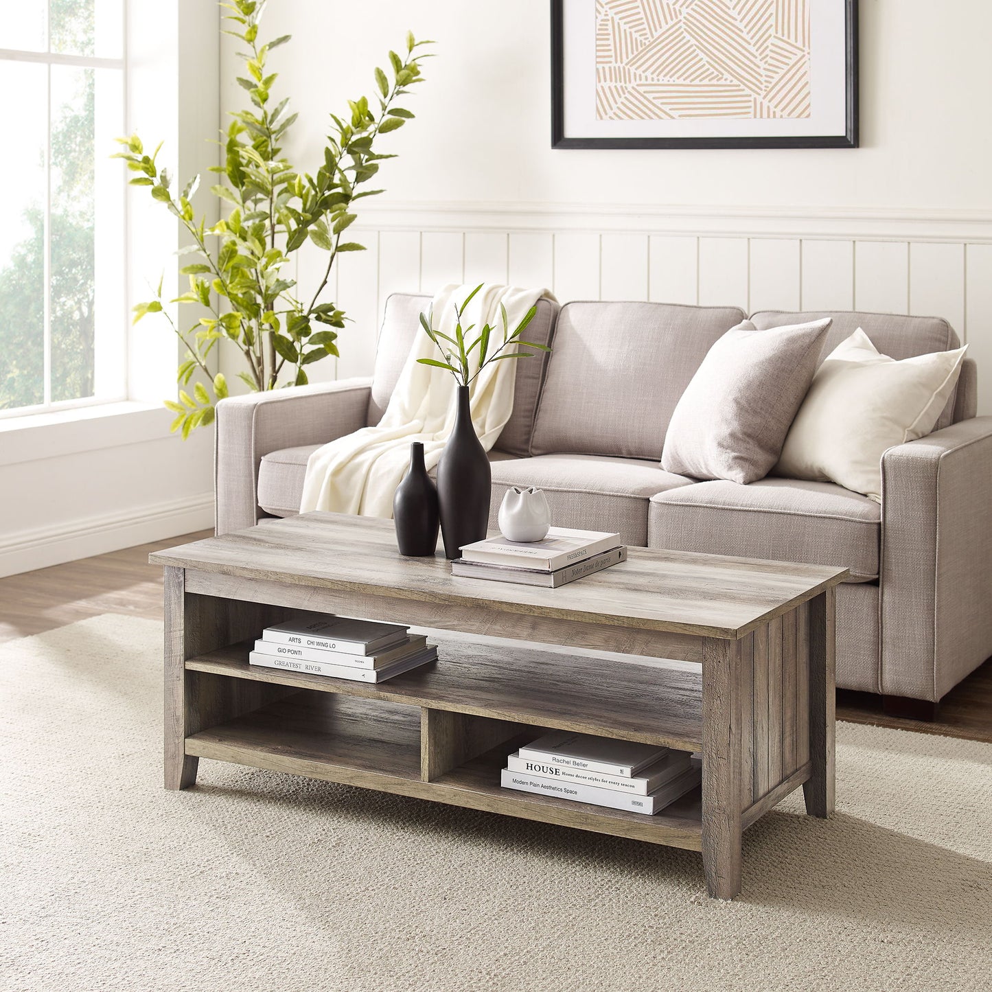 Coastal Grooved Panel Coffee Table With Lower Shelf