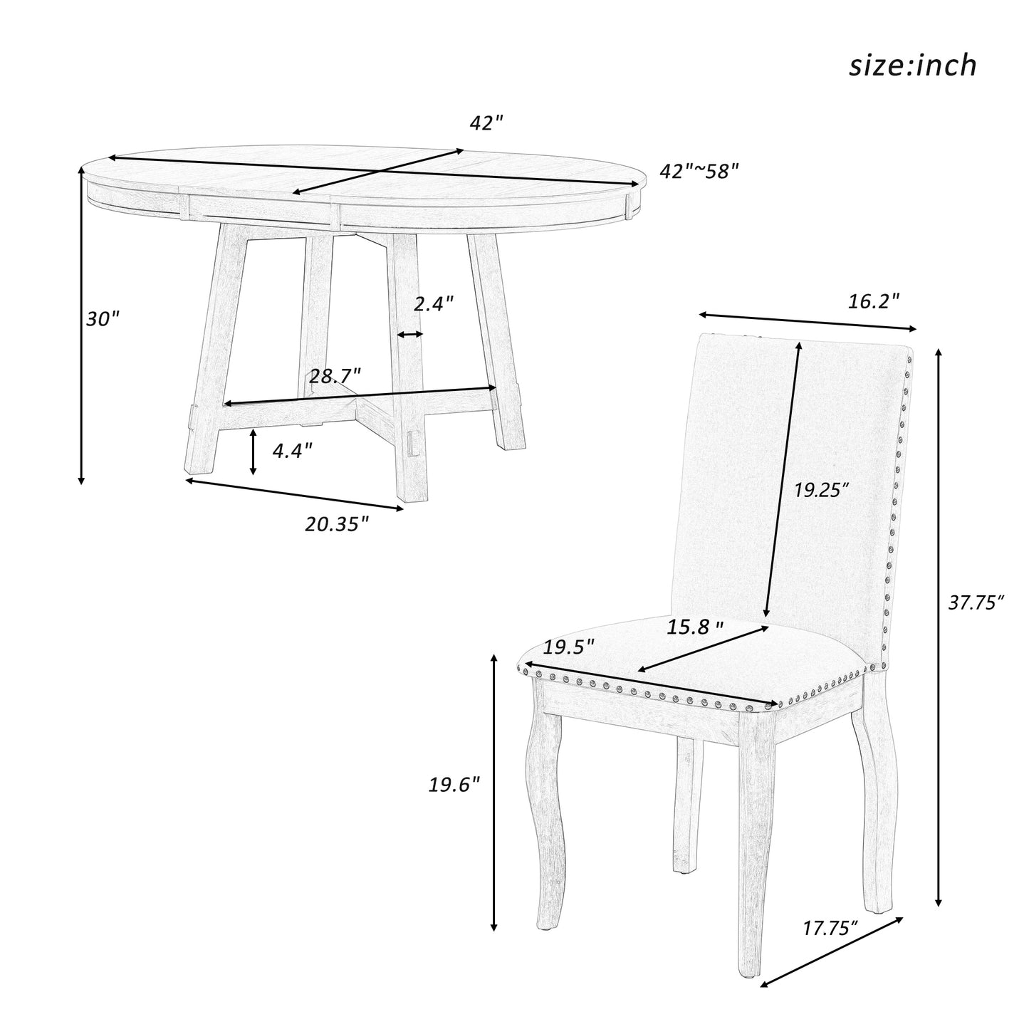 TREXM 5-Piece Farmhouse Dining Table Set Wood Round Extendable Dining Table and 4 Upholstered Dining Chairs (Oak Natural Wood + Antique White)