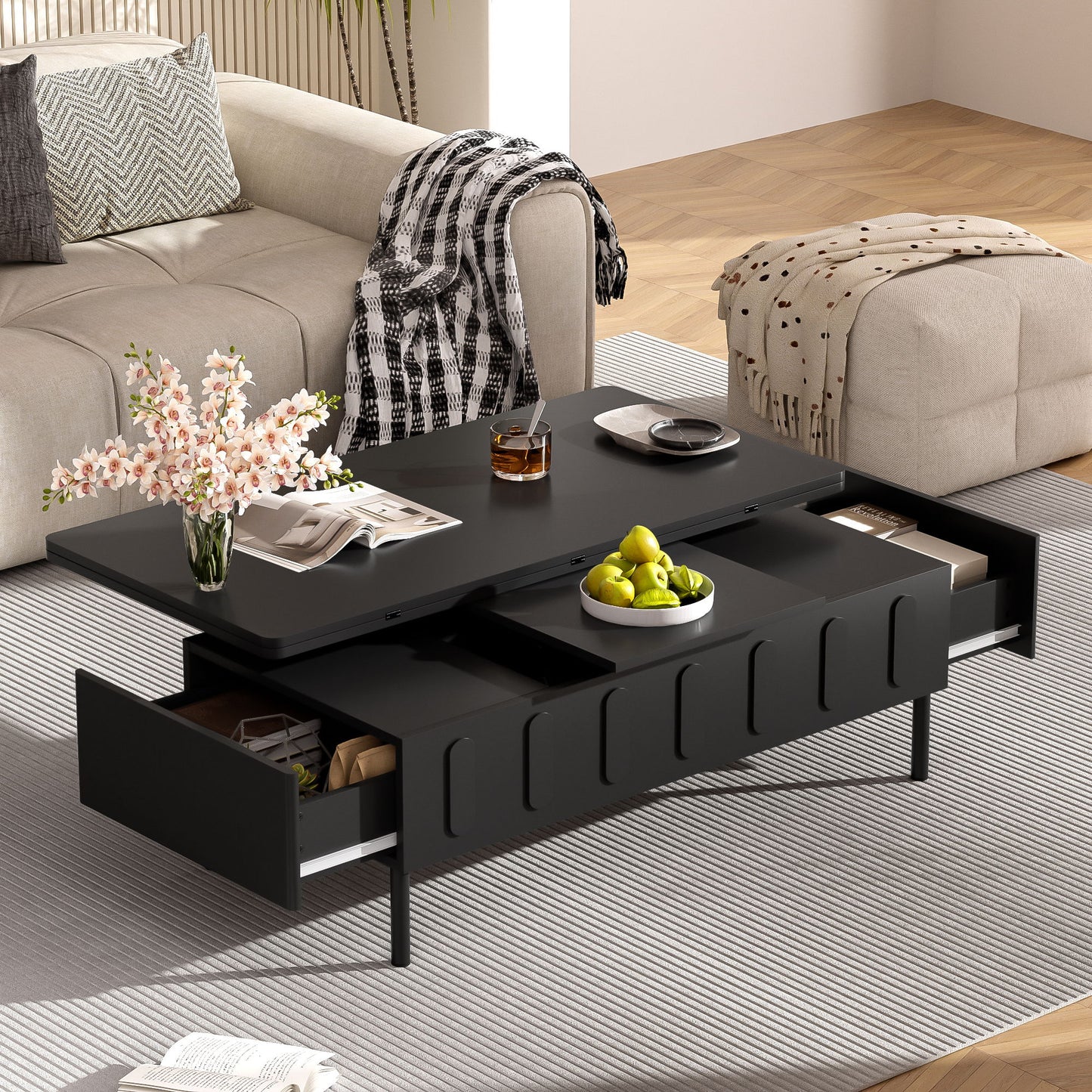 Lift Top Coffee Table With 2 Drawers With Hidden Storage Compartment For Living Room