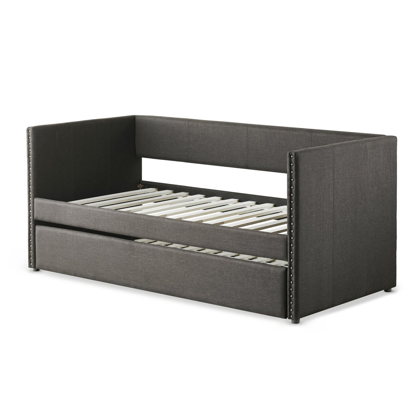 Gray Fabric Upholstered 1pc Day Bed with Pull-out Trundle Nailhead Trim Wood Frame Furniture